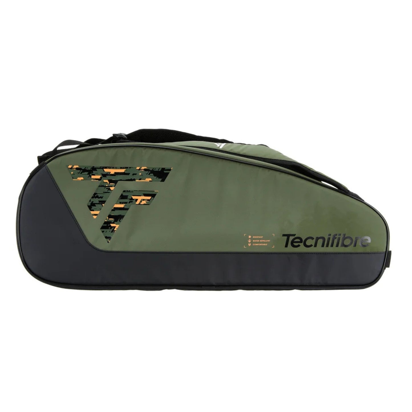 Green and black Tecnifibre tennis racket bag on a white background