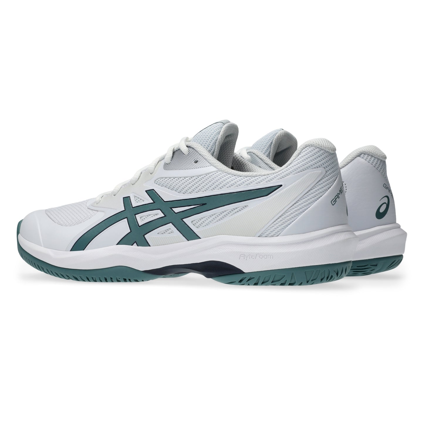 A pair of Asics tennis shoes in white and dark teal, shown from a three-quarters angle on a clean white background.