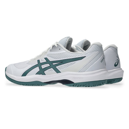 A pair of Asics tennis shoes in white and dark teal, shown from a three-quarters angle on a clean white background.