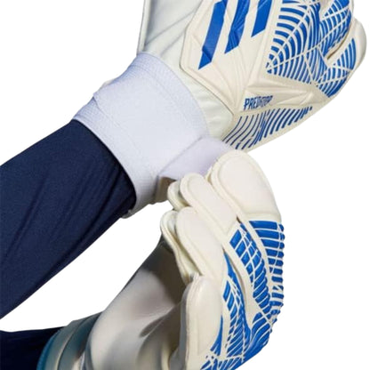 Close-up of white and blue goalkeeper gloves with Adidas branding on a white background