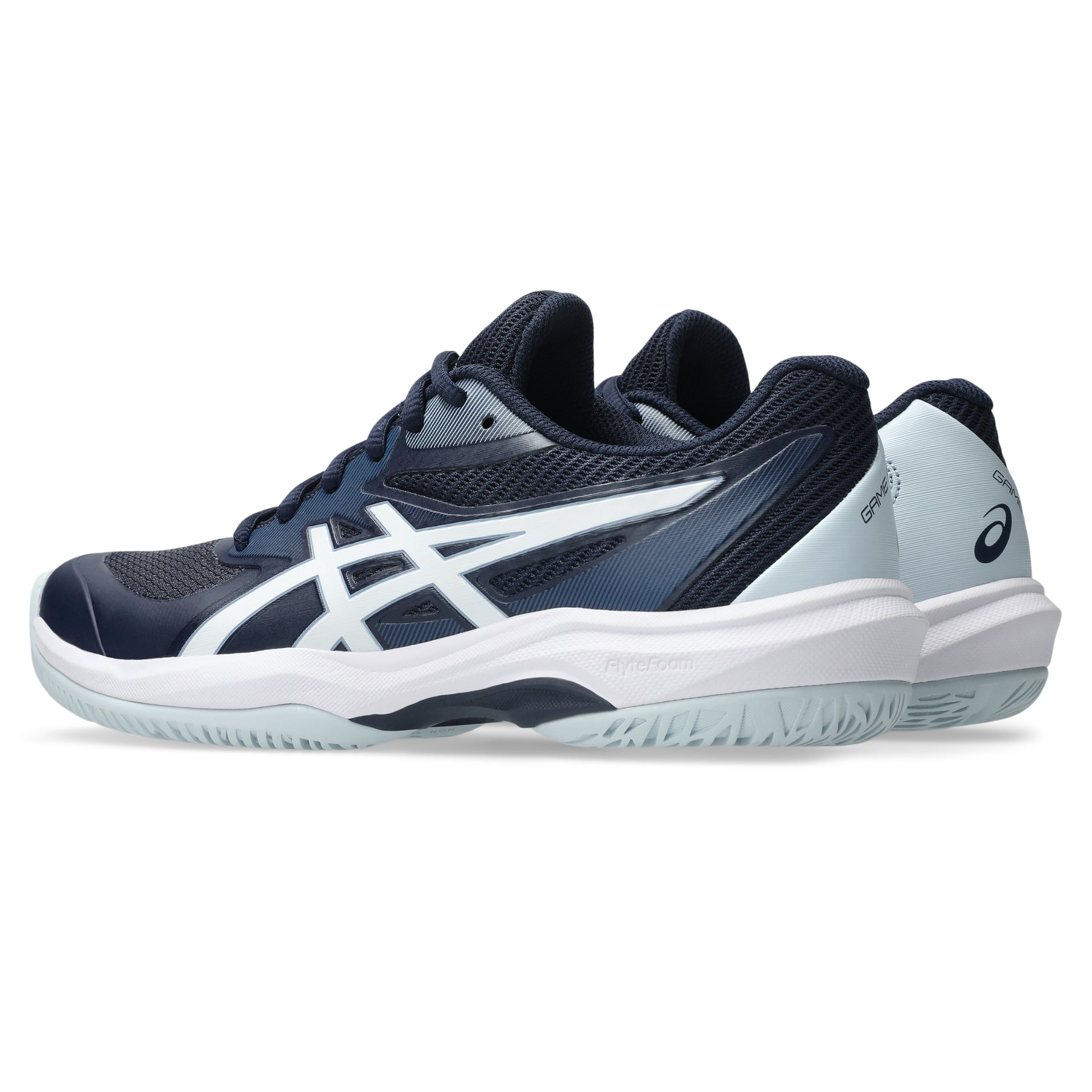 Pair of navy and white Asics tennis shoes with white accents on a white background