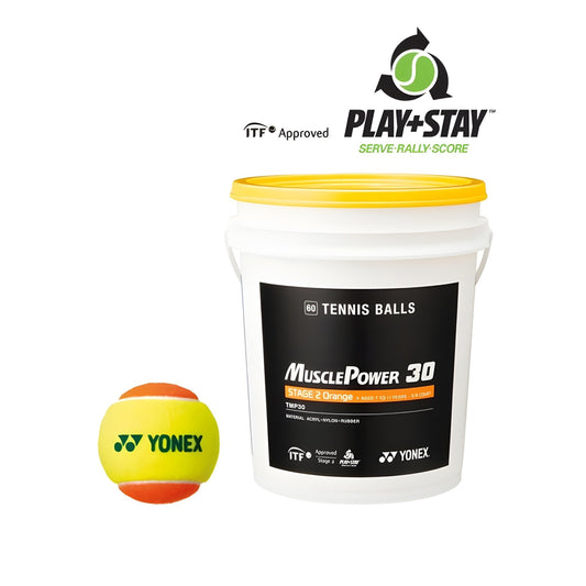 Yonex tennis ball with a white container labeled 'MusclePower 30' on a white background, featuring the Play+Stay logo.