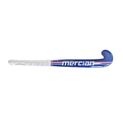 Blue mini hockey stick with 'mercian' branding on a white background
