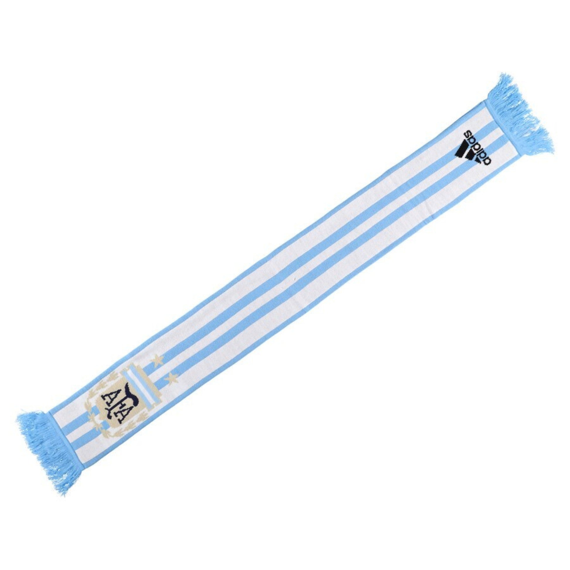 Blue and white striped scarf with Adidas logo on a white background