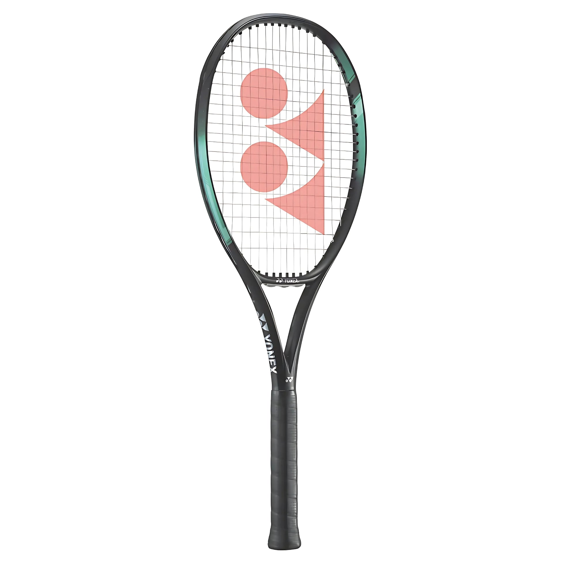 Black tennis racket with Yones branding on a white background
