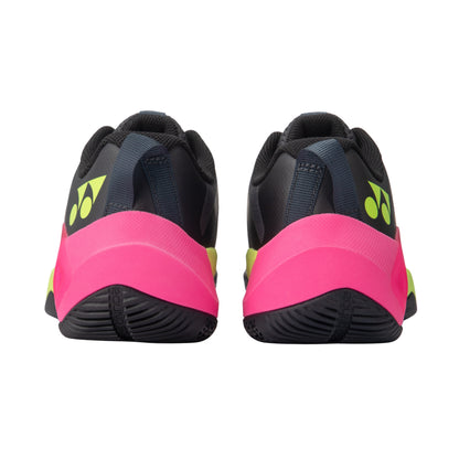 Black and pink Yonex shoes with a brand logo on a white background