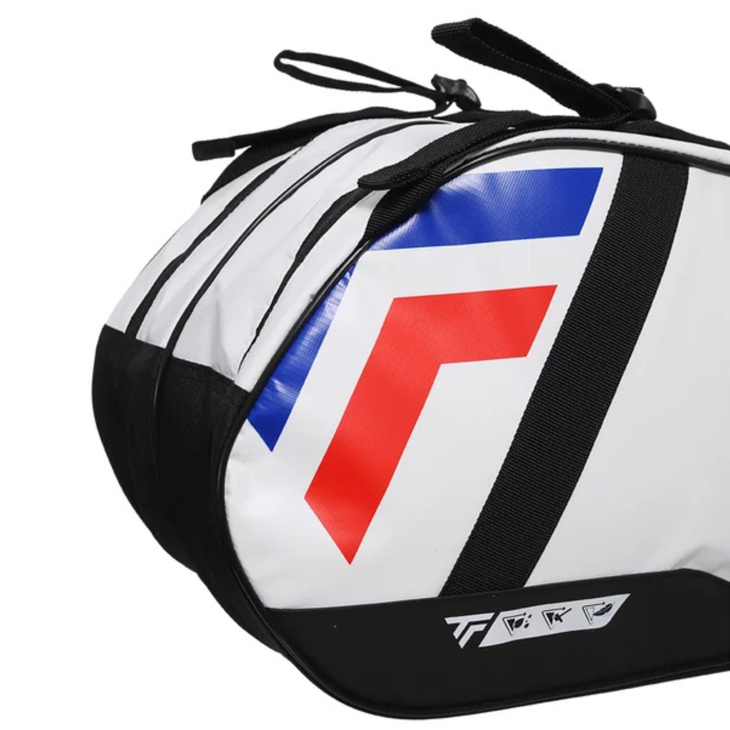 White tecnifibre tennis racket bag with red and blue logo on a white background