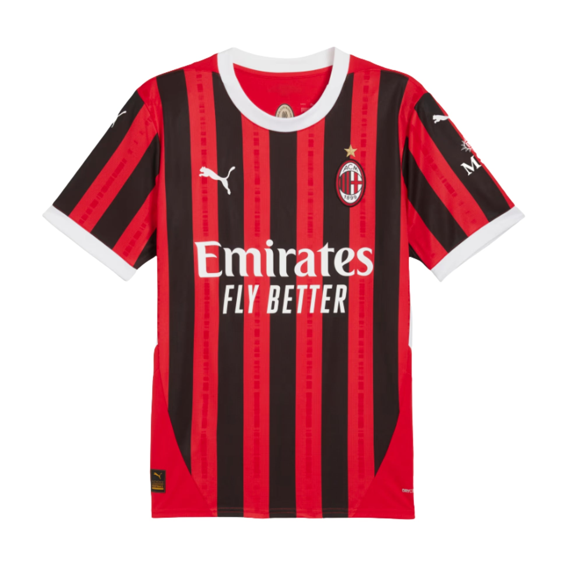 Red and black striped Puma soccer jersey with Emirates logo on a white background
