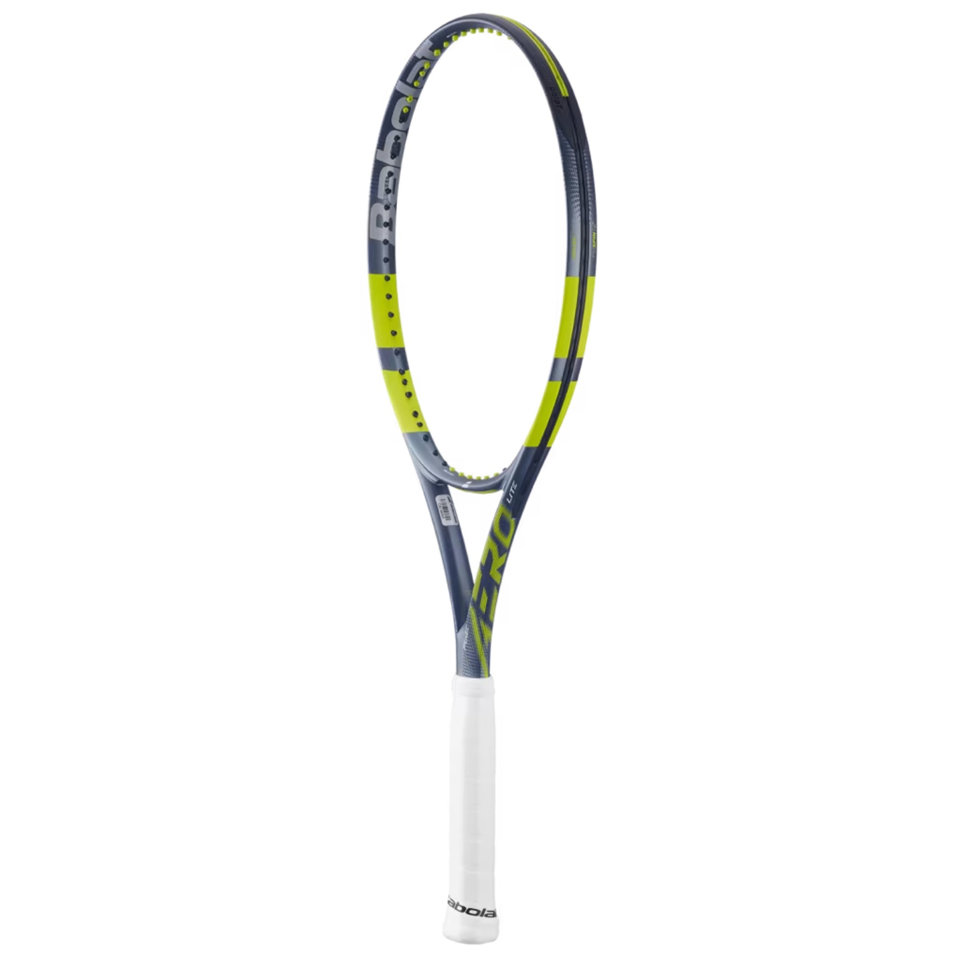 Tennis racket with gray and yellow design on a white background