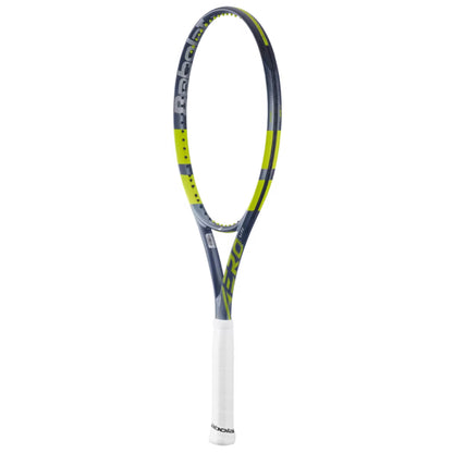 Tennis racket with gray and yellow design on a white background