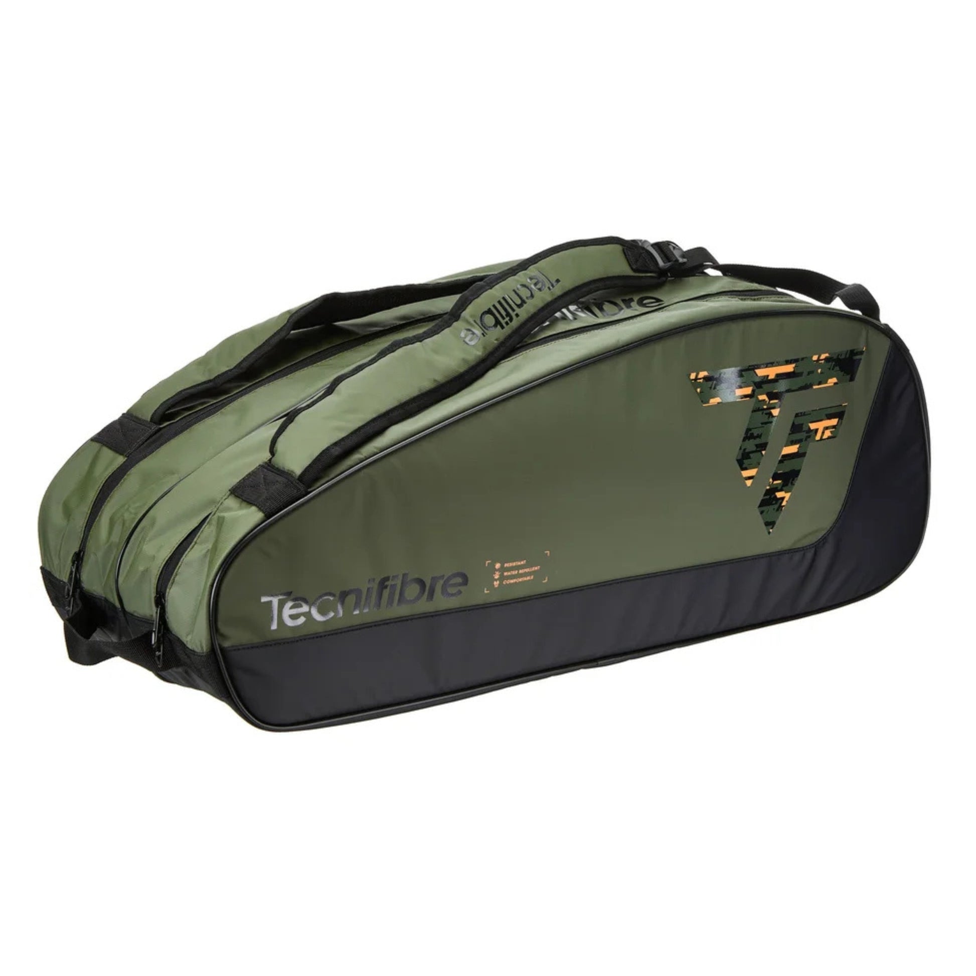 Green and black Tecnifibre tennis bag on a white background