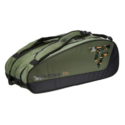 Green and black Tecnifibre tennis bag on a white background