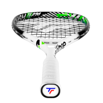 A white Tecnifibre squash racket with black and green graphics, featuring a white grip with a circular logo at the end, shown against a plain white background.