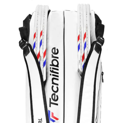 White Tecnifibre tennis racket bag with black straps on a white background