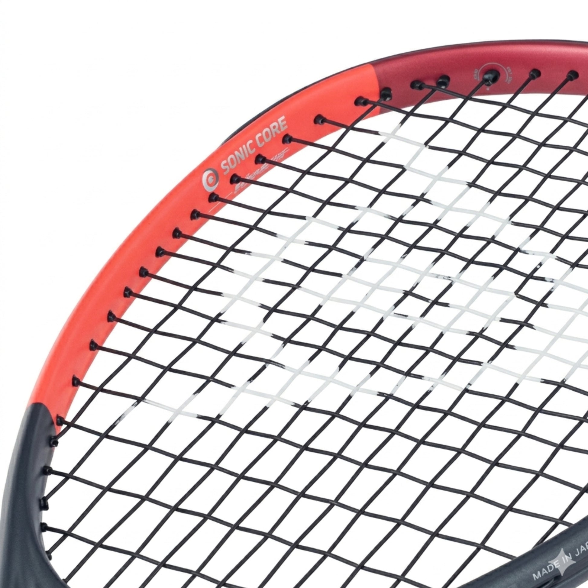 Close-up of a Dunlop squash racket with red frame and black strings on a white background