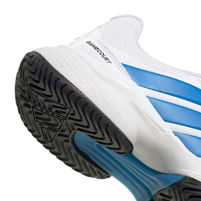 Close up of a addidas tennis shoe with the word "GameCourt" on a white background.