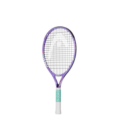 A kids Head tennis racket with a purple frame, black strings, and a white grip with a mint green patterned section, shown against a plain white background.
