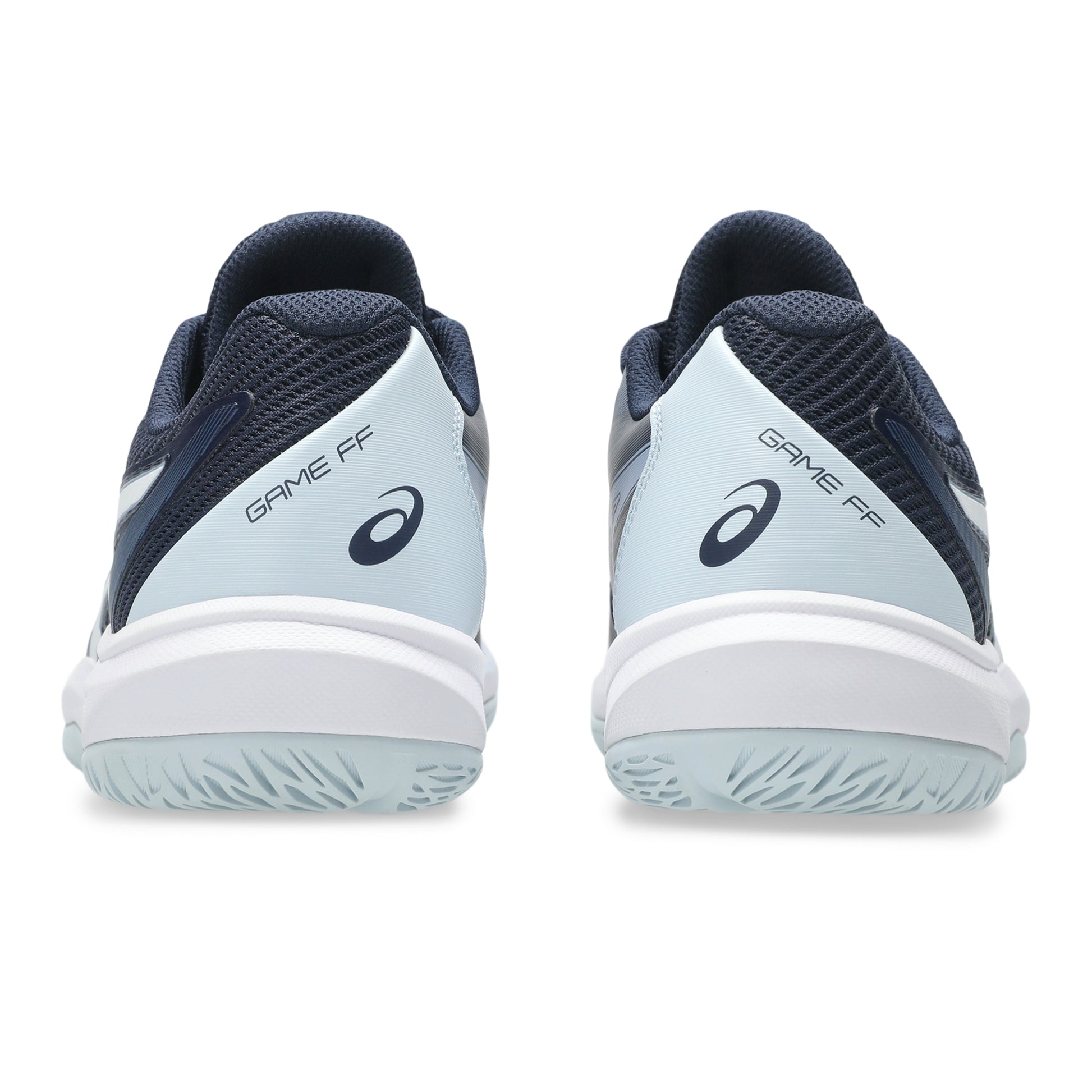 Pair of blue and white Asics tennis shoes with 'Game FF' text on a white background
