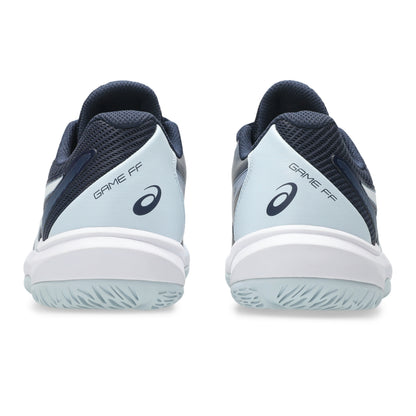 Pair of blue and white Asics tennis shoes with 'Game FF' text on a white background