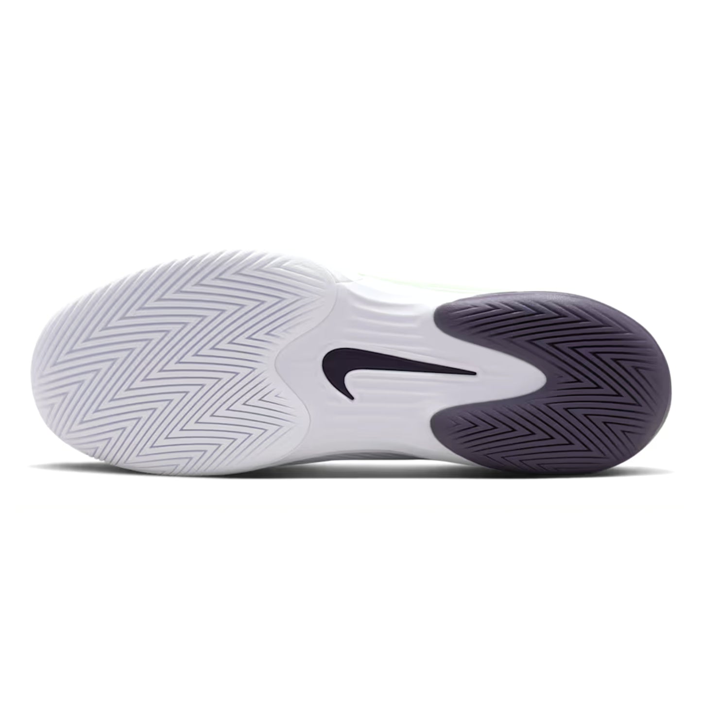 White tennis shoe sole with black swoosh logo on a white background