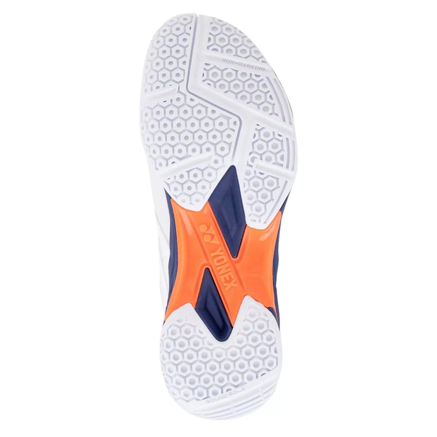 Close-up of a sports shoe sole with orange and blue accents on a white background