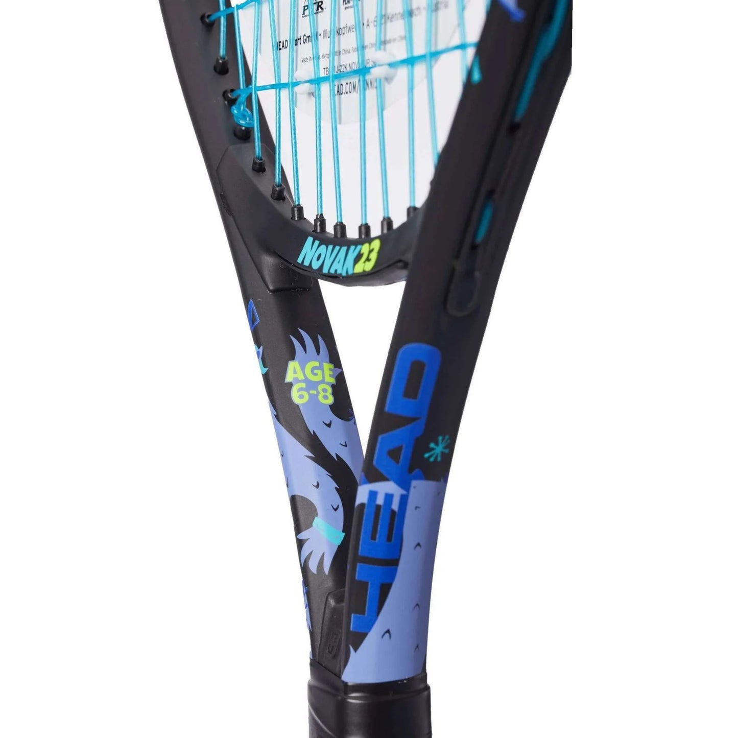Close-up of a Head tennis racket with visible branding and age 6-8 on the racket on a white background