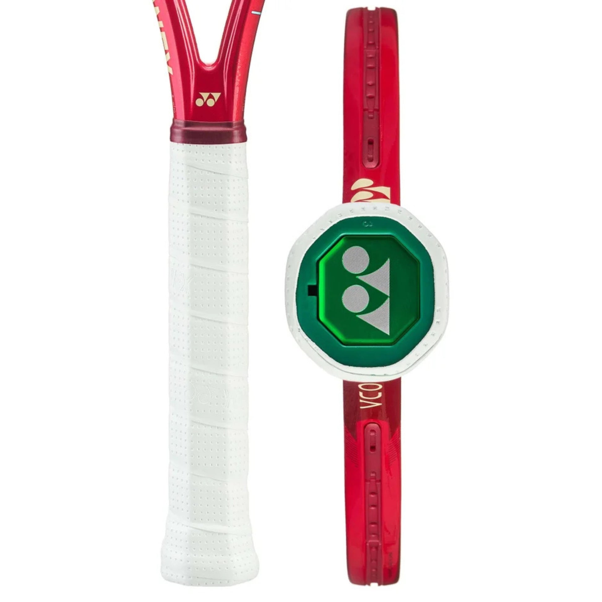 Red tennis racket with a white handle on a white background