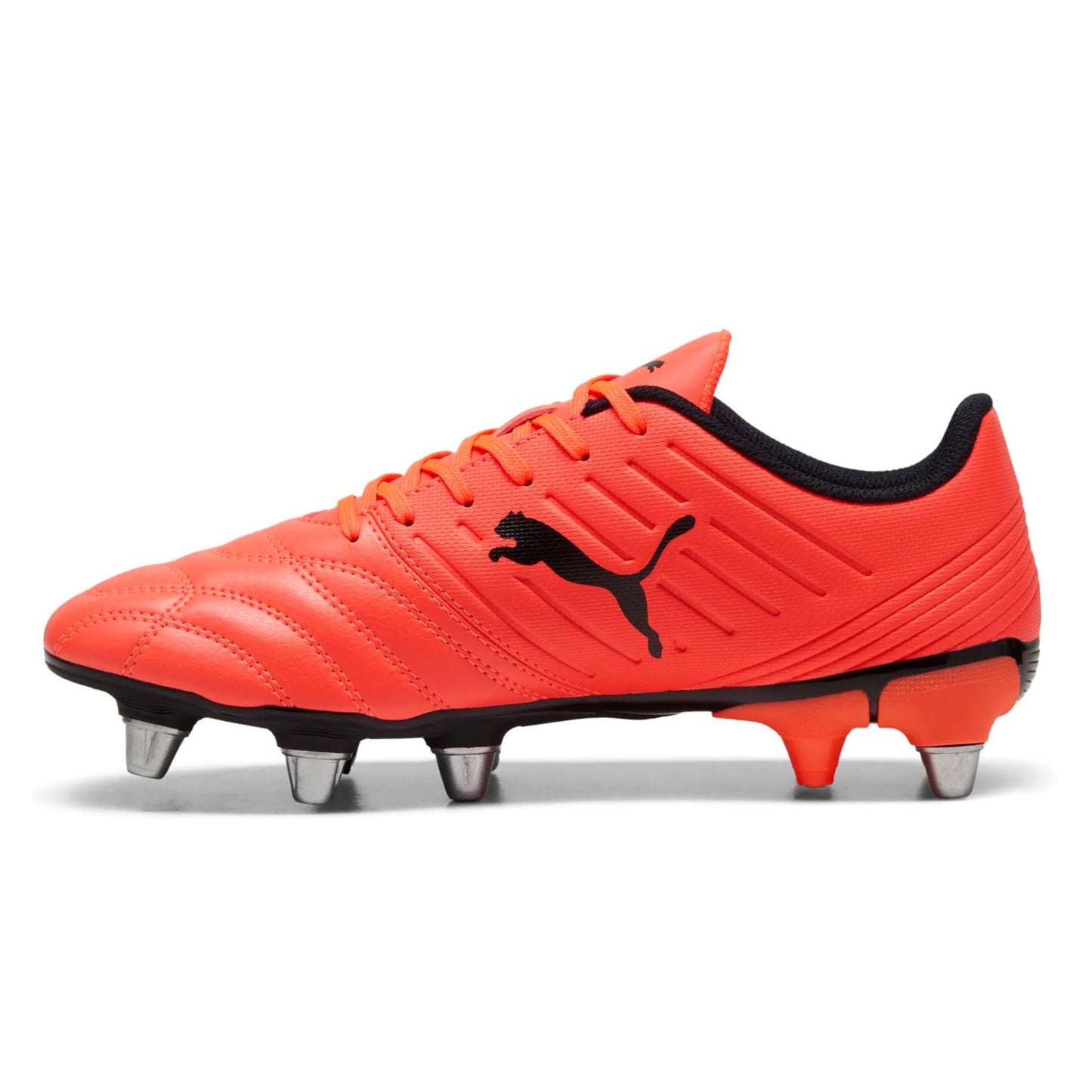 Red rugby boot with black accents on a white background