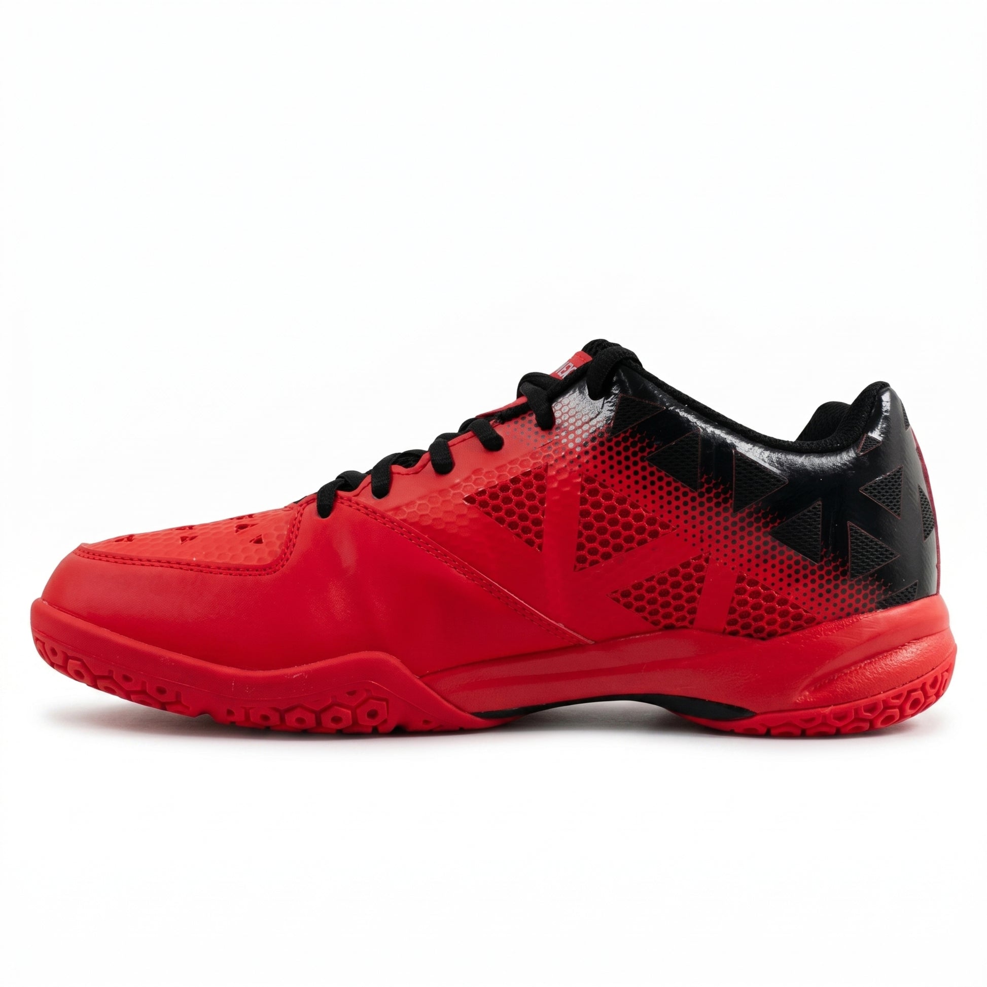 Red and black Yonex squash shoe with a brand logo on a white background