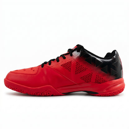 Red and black Yonex squash shoe with a brand logo on a white background