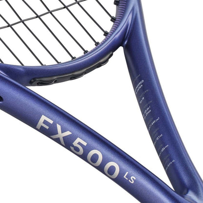 Close-up of a blue Dunlop tennis racket with 'FX500 LS' branding on a white background