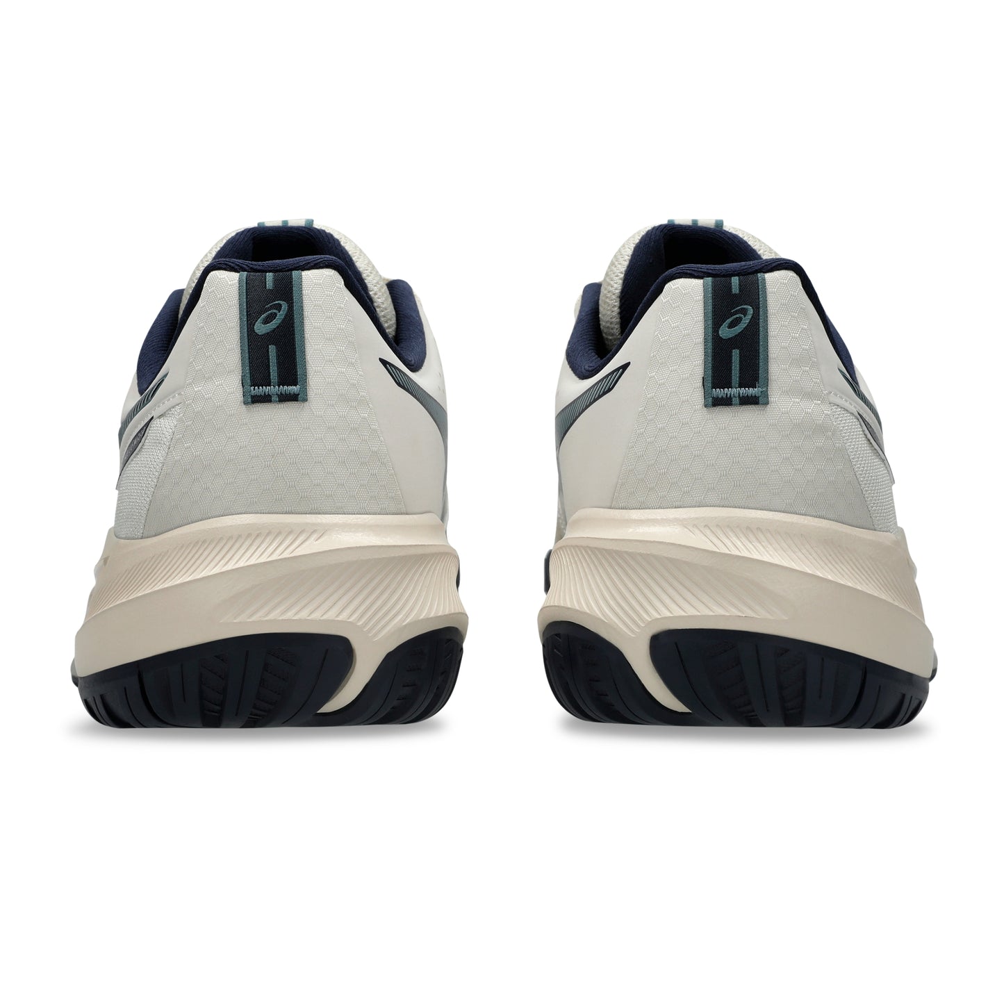 A pair of Asics tennis shoes shown from the rear, featuring a light gray and off-white mesh upper with navy blue accents, a thick cream-colored midsole, and a dark navy outsole.