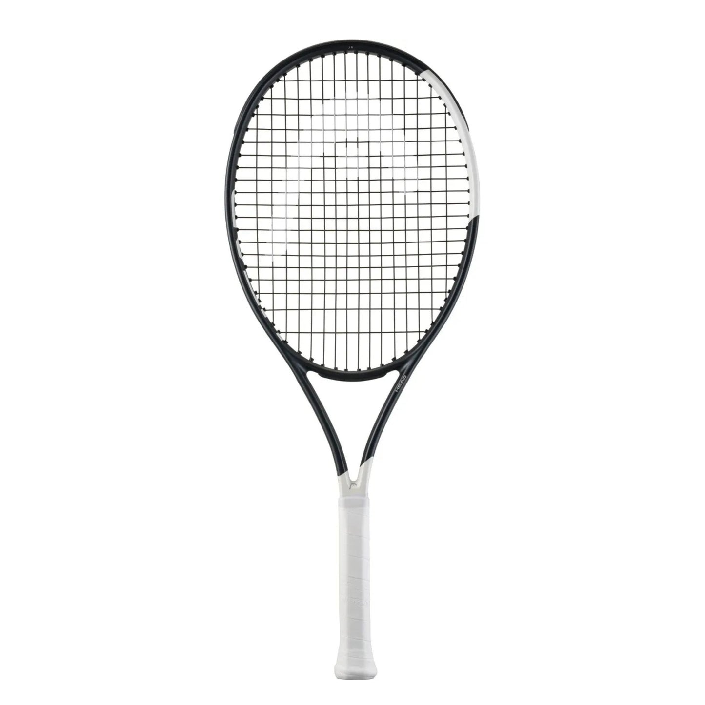 A Head tennis racket with a black and white frame, black strings, and a white grip, shown vertically against a plain white background.