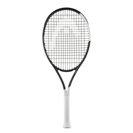 A Head tennis racket with a black and white frame, black strings, and a white grip, shown vertically against a plain white background.