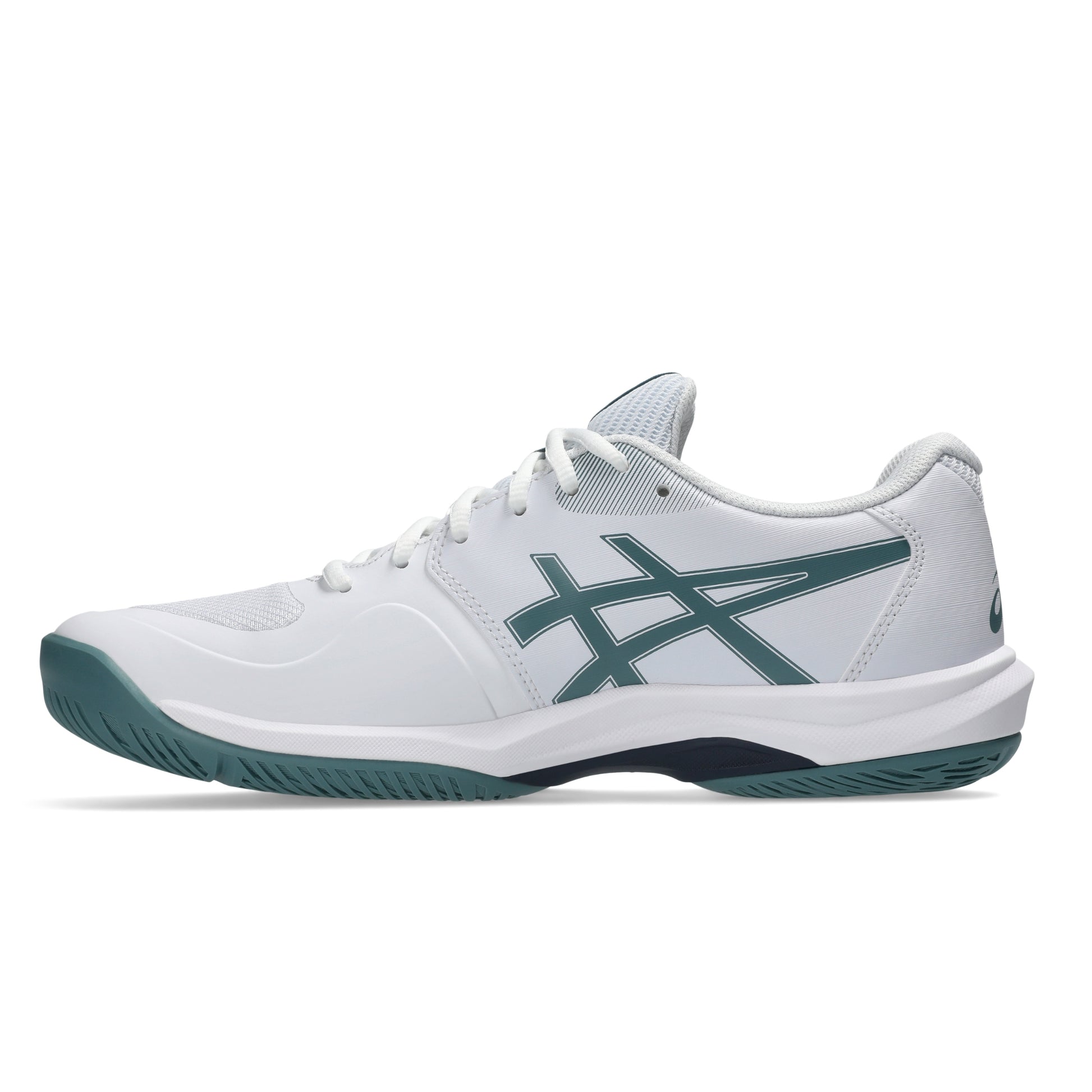 A white Asics tennis shoe with a dark teal stripe logo and matching teal outsole, shown in a side profile on a white background.