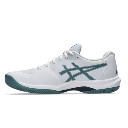 A white Asics tennis shoe with a dark teal stripe logo and matching teal outsole, shown in a side profile on a white background.