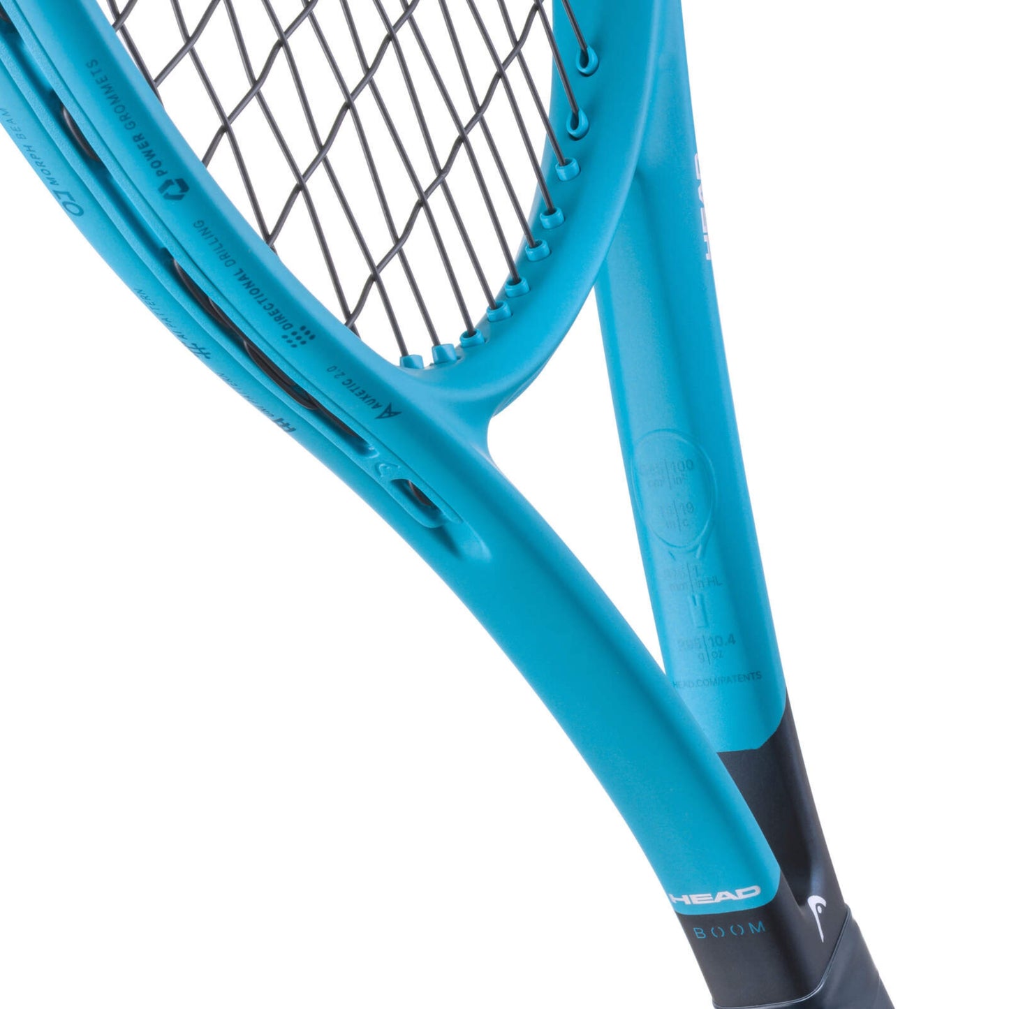 Close-up of a blue Head tennis racket with a white background