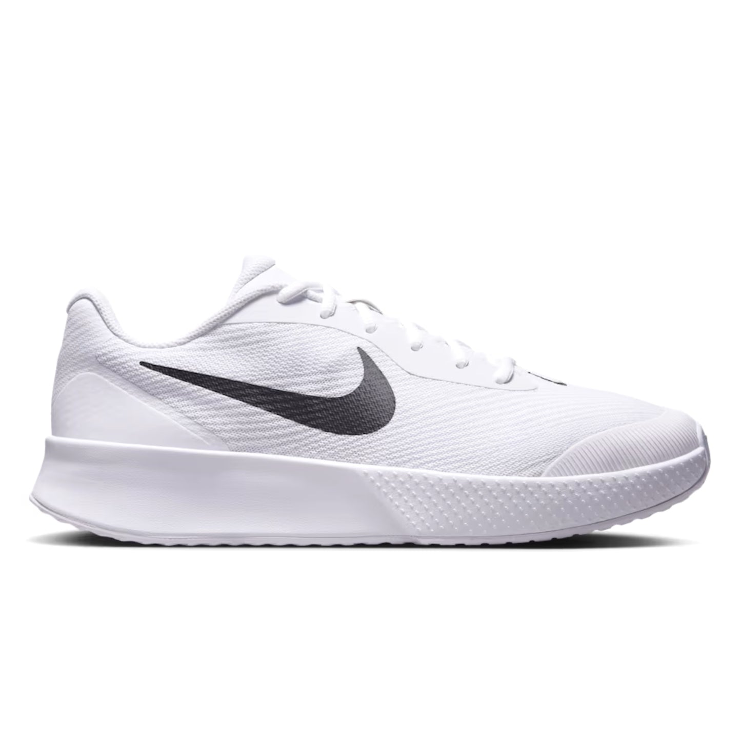 White tennis shoe with black Nike logo on a white background