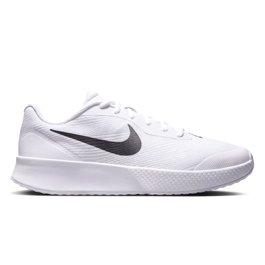 White tennis shoe with black Nike logo on a white background