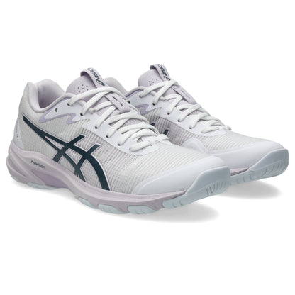 White Asics shoes with a blue logo on a white background