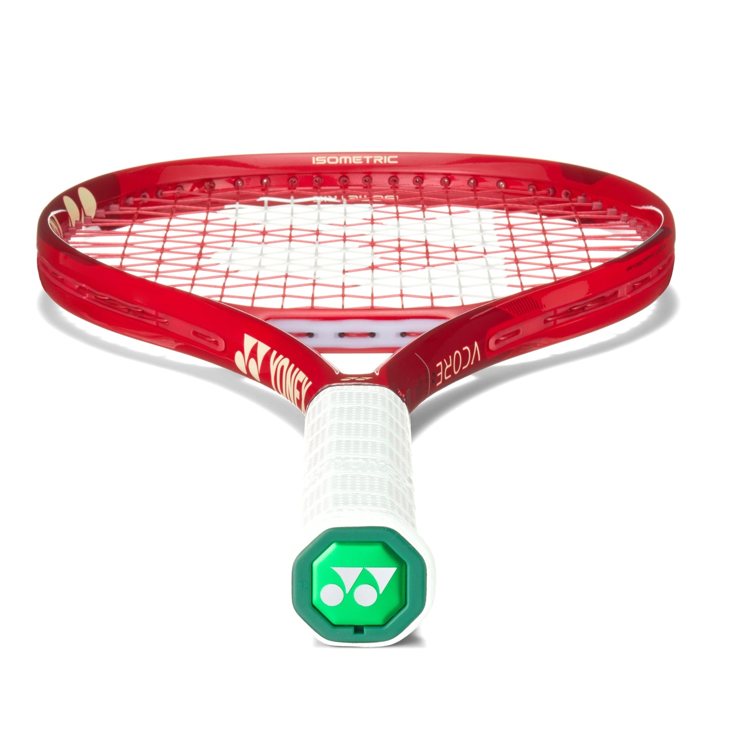 Red tennis racket with white handle and green Yonex logo on a white background