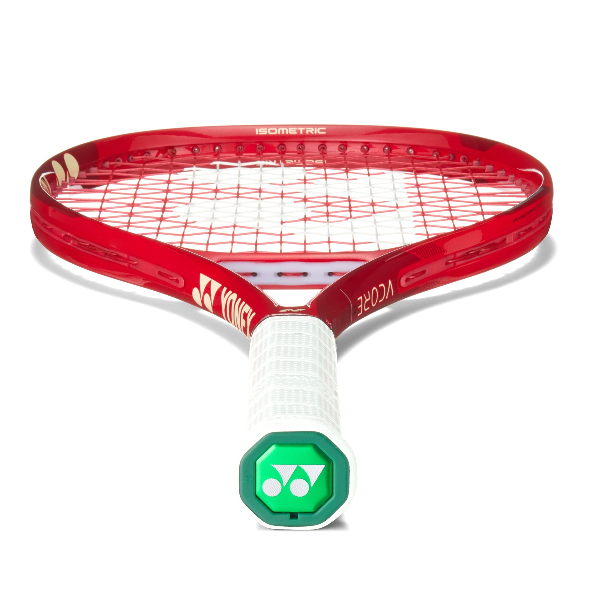 Red tennis racket with white handle and green Yonex logo on a white background