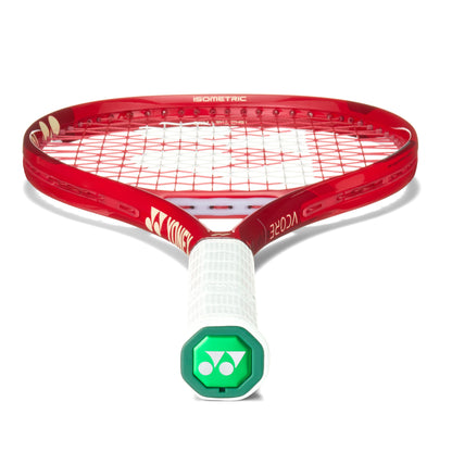 Red tennis racket with white handle and green Yonex logo on a white background