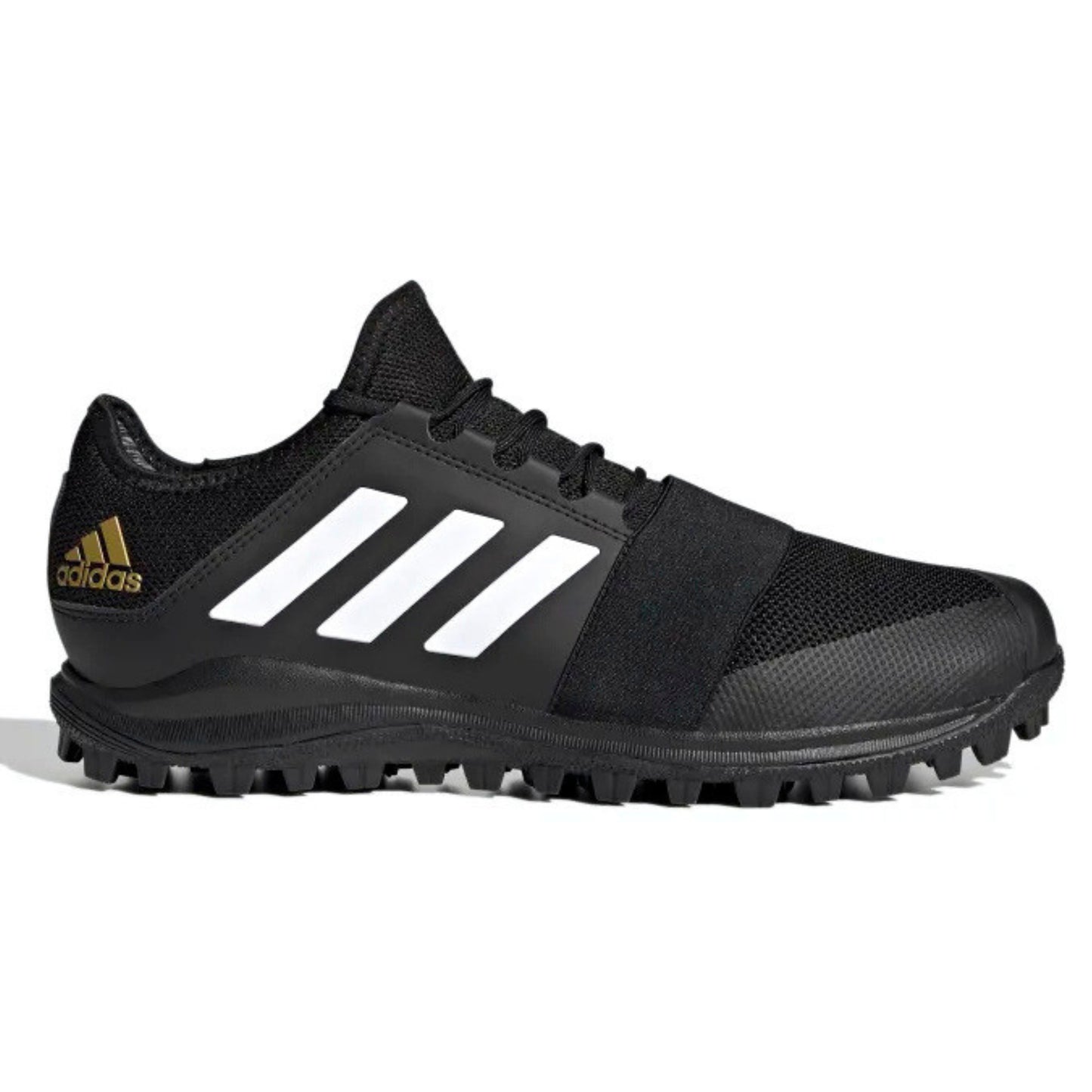 Black Adidas hockey shoe with white stripes on a white background