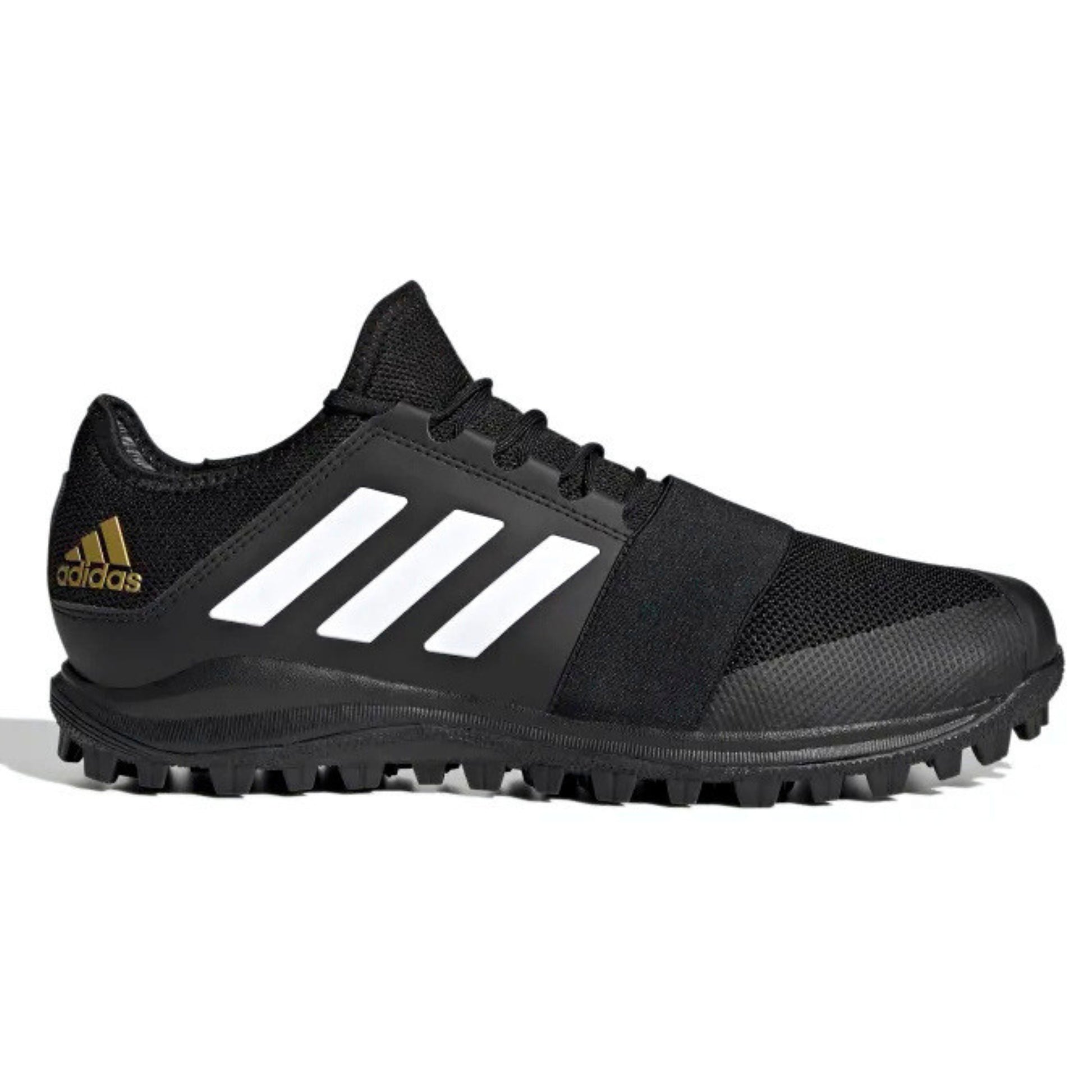 Black Adidas hockey shoe with white stripes on a white background