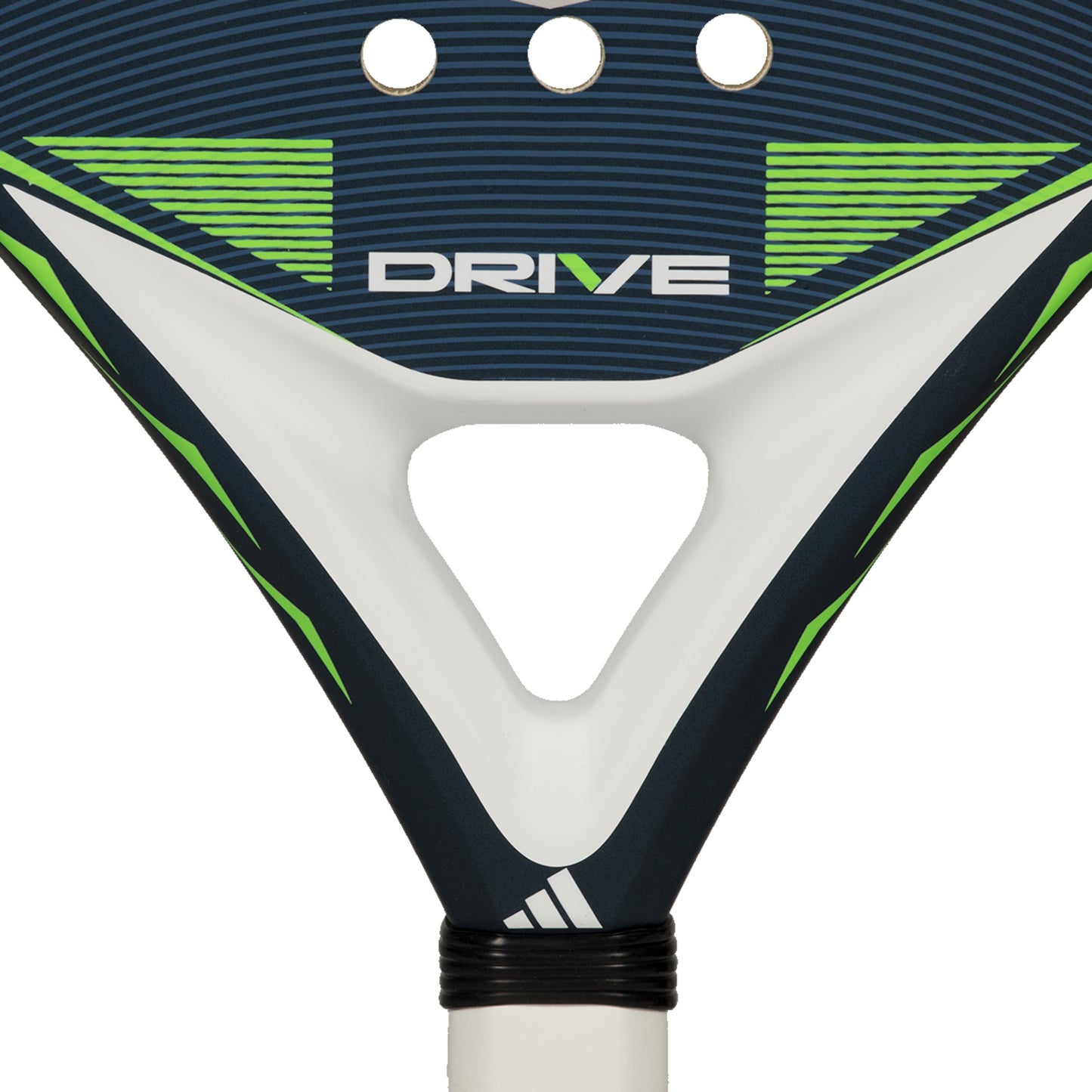 Close-up of a padel racket with 'Drive' branding on a white background