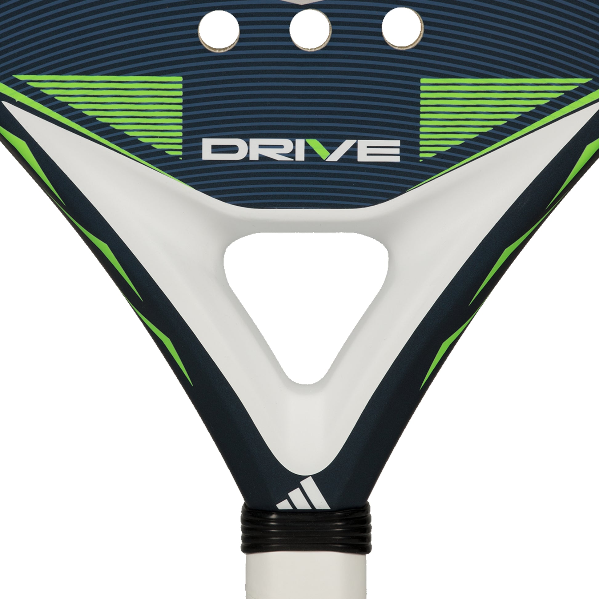 Close-up of a padel racket with 'Drive' branding on a white background
