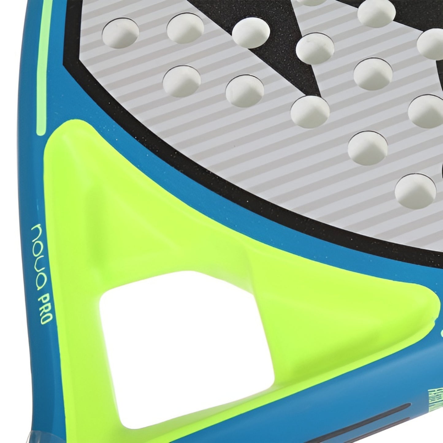 Close-up of a blue and green padel eacket with white balls on a gray background