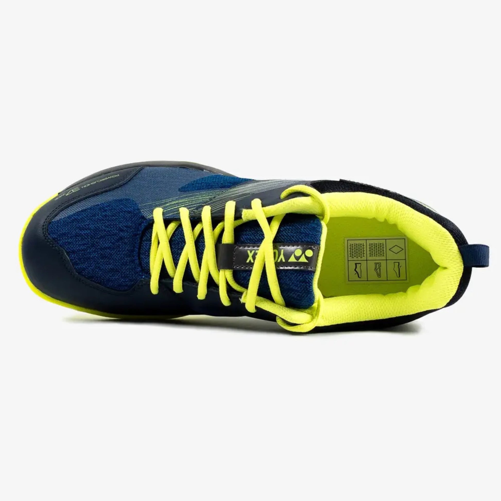 Blue and black Yonex shoe with yellow laces on a white background