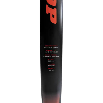 Padel racket with brand logo and specifications on a white background